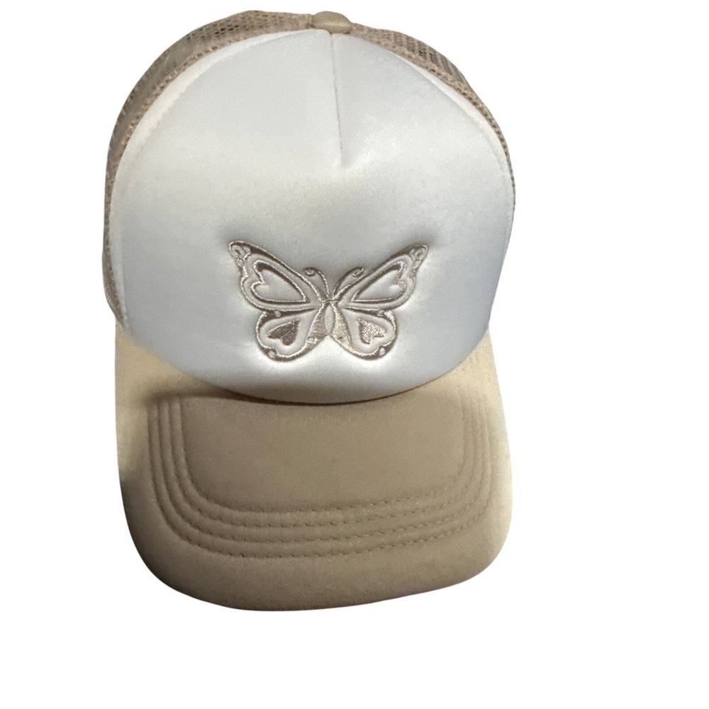 Old East Main Co Butterfly Embroidered Mesh Trucker Hat White Tan Snapback